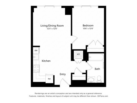 Floor plan for 1 bed, 1 bath, 625 sqft